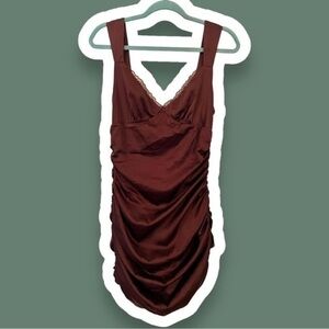 BLUE BLUSH M Brown Satin Ruched Bodycon Dress